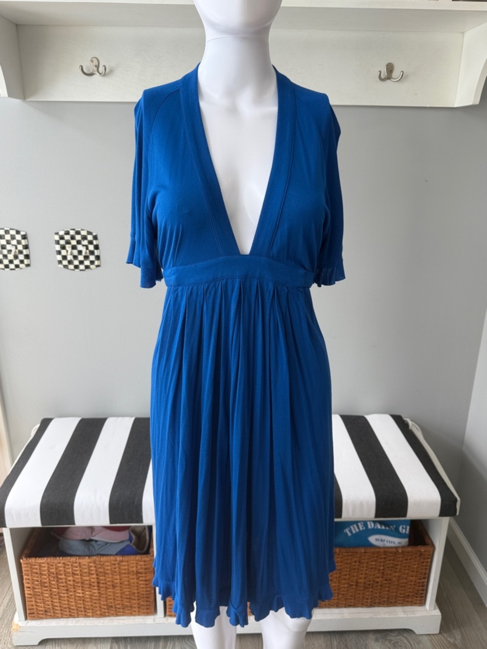 Spense Royal Blue Deep V-Neck Belted Knee Length Wrap Ruffled Draped Dress-XS